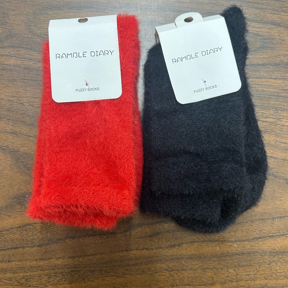 New Ramble Diary Fuzzy Women Socks Set - 1 pair Red and 1 pair Black